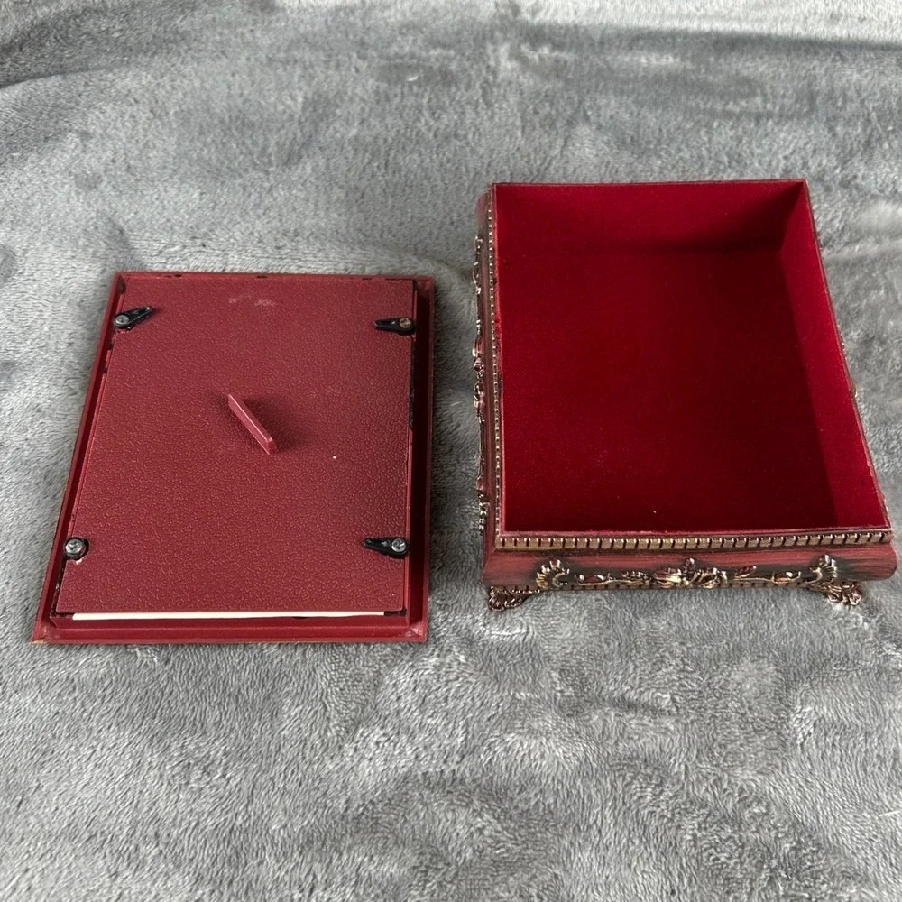 Vintage Style Red Gold Floral Jewelry Box Picture Frame Lid Keepsake Trinket Box